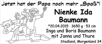 Babyanzeige von Nienke Ida Baumann von Nordwest-Zeitung