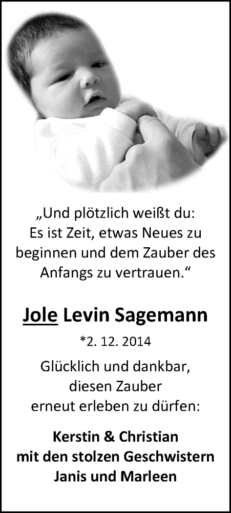 Anzeige für Joel Levin Sagemann vom 27.12.2014 aus Nordwest-Zeitung