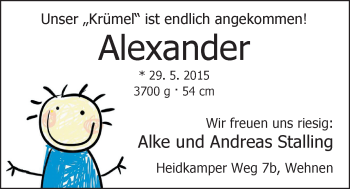 Babyanzeige von Alexander Stalling von Nordwest-Zeitung