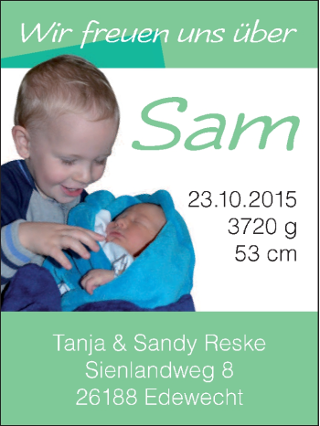 Babyanzeige von Sam  von Nordwest-Zeitung