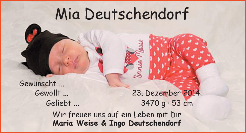 Anzeige für Mia Deutschendorf vom 07.02.2015 aus Nordwest-Zeitung