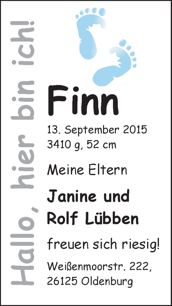 Anzeige für Finn Lübben vom 26.09.2015 aus Nordwest-Zeitung