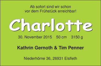 Babyanzeige von Charlotte  von Nordwest-Zeitung