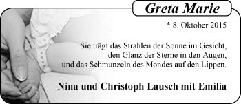 Babyanzeige von Greta Marie Lausch von Nordwest-Zeitung