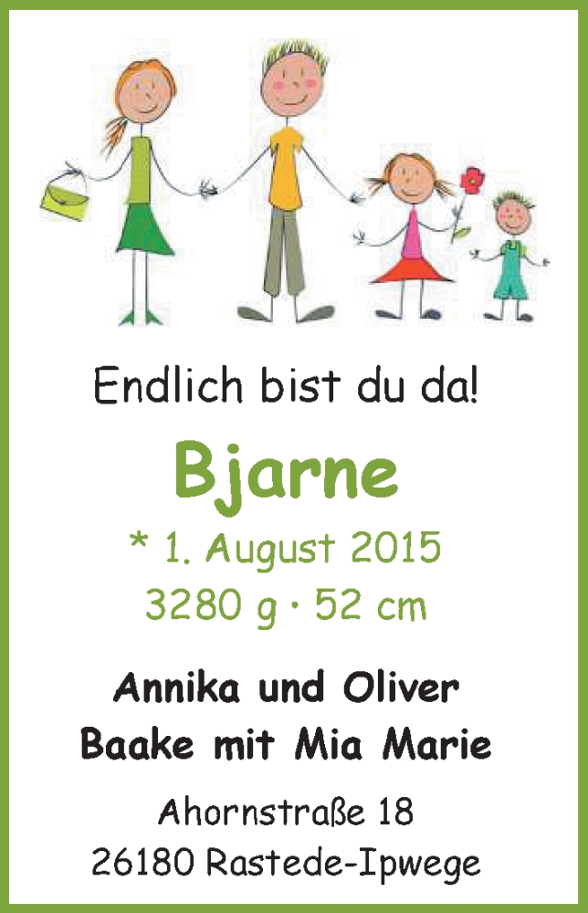 Anzeige für Bjarne Baake vom 08.08.2015 aus Nordwest-Zeitung