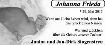 Babyanzeige von Johanna Frieda Singenstreu von Nordwest-Zeitung