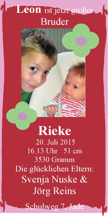 Babyanzeige von Rieke Reins von Nordwest-Zeitung