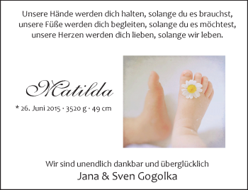 Babyanzeige von Matilda Gogolka von Nordwest-Zeitung