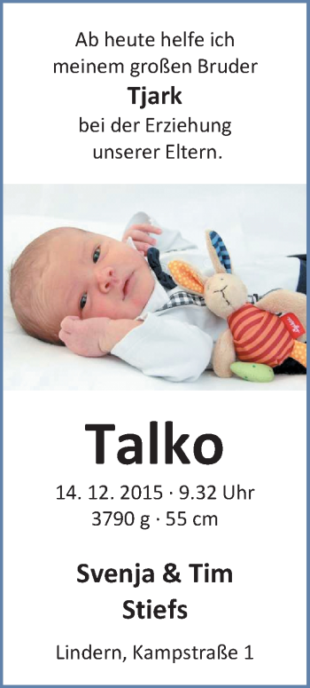 Babyanzeige von Talko Stiefs von Nordwest-Zeitung