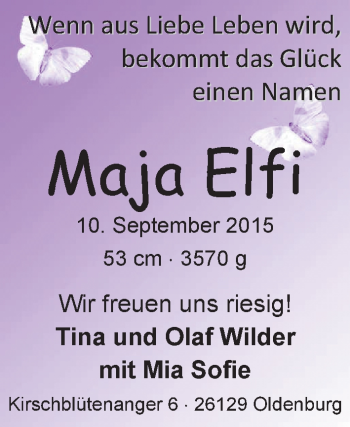Babyanzeige von Maja Elfi  von Nordwest-Zeitung