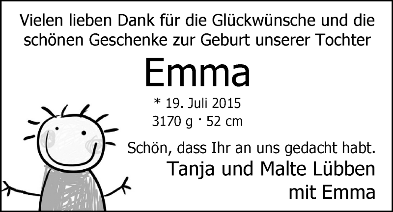 Anzeige für Emma Lübben vom 10.10.2015 aus Nordwest-Zeitung