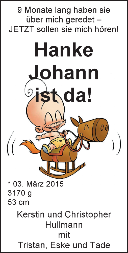Anzeige für Hanke Johann Hullmann vom 13.03.2015 aus Nordwest-Zeitung
