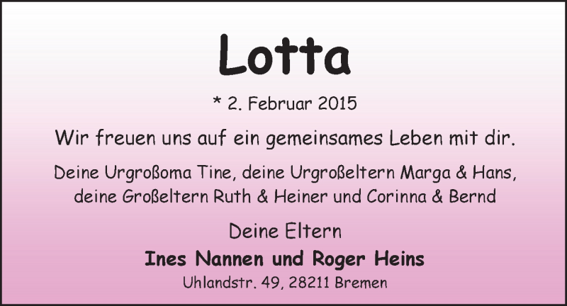 Anzeige für Lotta Heins vom 14.02.2015 aus Nordwest-Zeitung