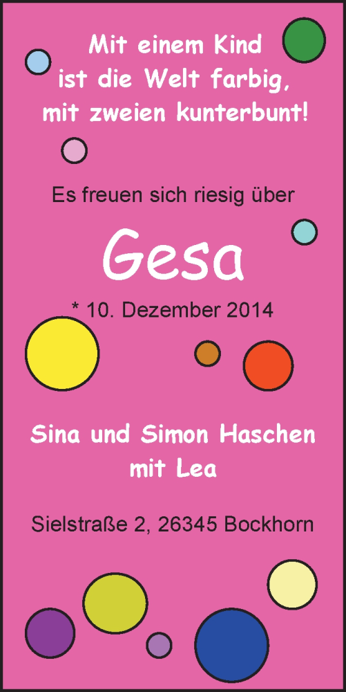 Anzeige für Gesa Haschen vom 08.01.2015 aus Nordwest-Zeitung