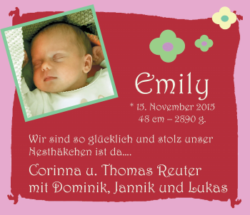 Babyanzeige von Emily Reuter von Nordwest-Zeitung