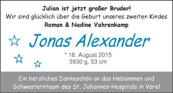 Babyanzeige von Jonas Alexander Vahrenkamp von Nordwest-Zeitung