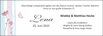 Babyanzeige von Lena Hocke von Nordwest-Zeitung