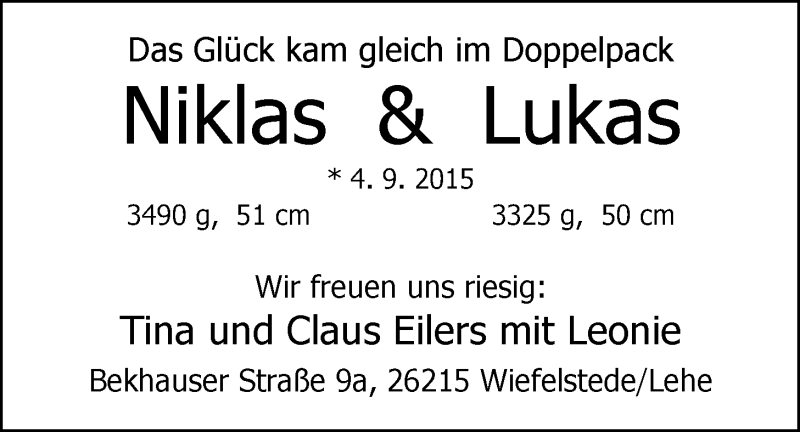 Anzeige für Niklas und Lukas Eilers vom 19.09.2015 aus Nordwest-Zeitung
