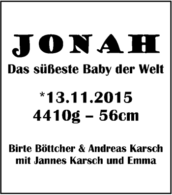 Babyanzeige von Jonah  von Nordwest-Zeitung