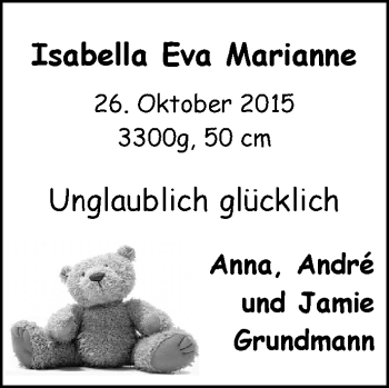 Babyanzeige von Isabella Eva Marianne Grundmann von Nordwest-Zeitung