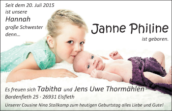 Babyanzeige von Janne Philine Thormählen von Nordwest-Zeitung