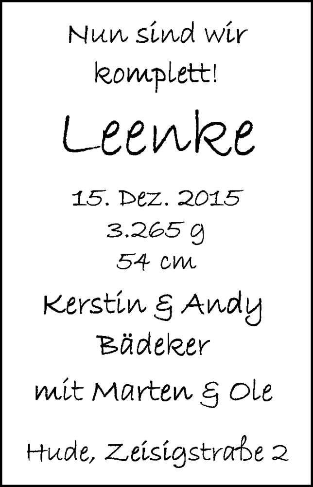 Anzeige für Leenke Bädeker vom 16.01.2016 aus Nordwest-Zeitung