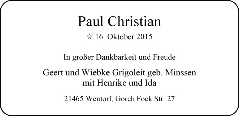 Anzeige für Paul Christian Grigoleit vom 28.11.2015 aus Nordwest-Zeitung
