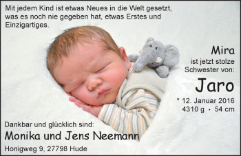 Babyanzeige von Jaro Neemann von Nordwest-Zeitung