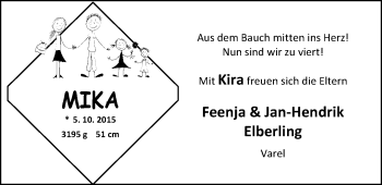Babyanzeige von Mika Elberling von Nordwest-Zeitung