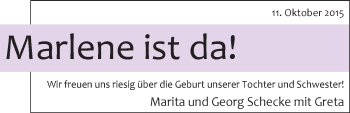 Babyanzeige von Marlene Schecke von Nordwest-Zeitung