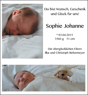 Babyanzeige von Sophie Johanne Belsemeyer von Nordwest-Zeitung