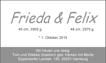 Babyanzeige von Frieda und Felix Grashorn von Nordwest-Zeitung