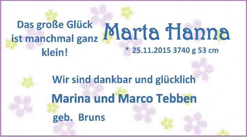 Anzeige für Marta Hanna Tebben vom 19.12.2015 aus Nordwest-Zeitung