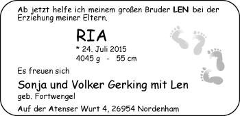 Babyanzeige von Ria Gerking von Nordwest-Zeitung