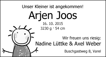 Babyanzeige von Arjen  von Nordwest-Zeitung