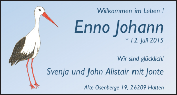 Babyanzeige von Enno Johann Alistair von Nordwest-Zeitung