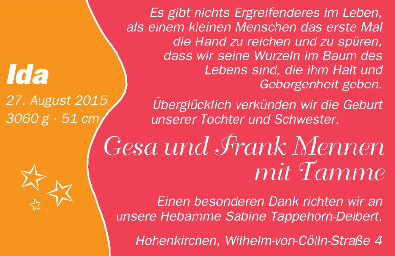 Anzeige für Ida Mennen vom 05.09.2015 aus Nordwest-Zeitung