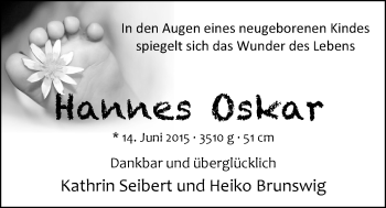 Babyanzeige von Hannes Oskar Brunswig von Nordwest-Zeitung