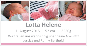 Babyanzeige von Lotta Helene Berthold von Nordwest-Zeitung