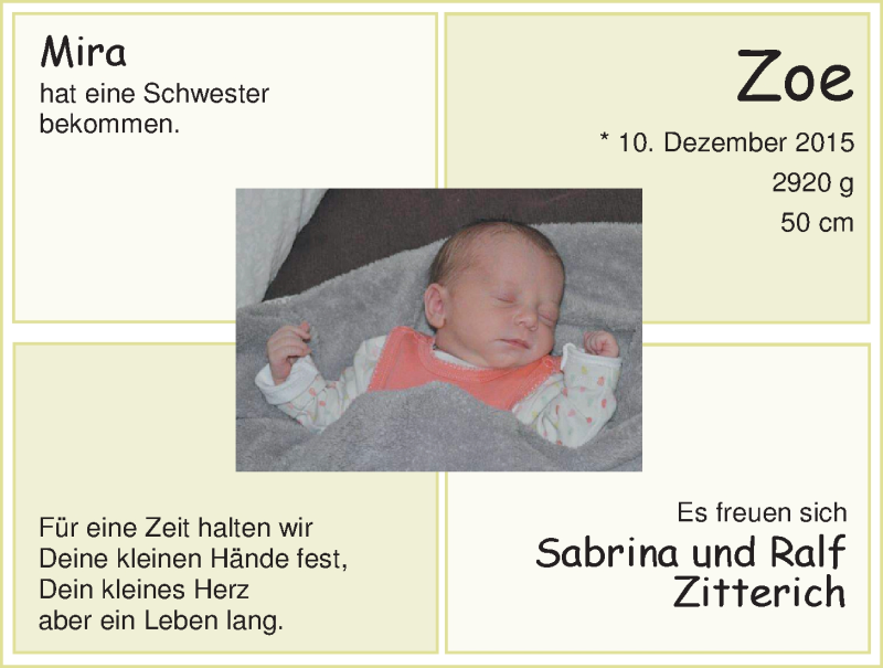 Anzeige für Zoe Zitterich vom 30.12.2015 aus Nordwest-Zeitung