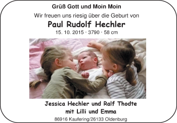 Babyanzeige von Paul Rudolf Hechler von Nordwest-Zeitung