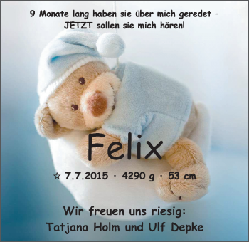 Babyanzeige von Felix  von Nordwest-Zeitung