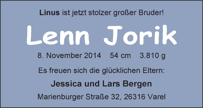 Anzeige für Lenn Jorik Bergen vom 20.12.2014 aus Nordwest-Zeitung