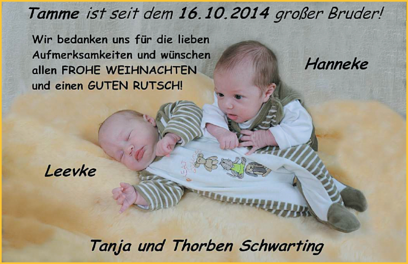 Anzeige für Hanneke und Leevke Schwarting vom 24.12.2014 aus Nordwest-Zeitung