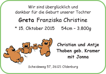 Babyanzeige von Greta Franziska Christine Thoben von Nordwest-Zeitung