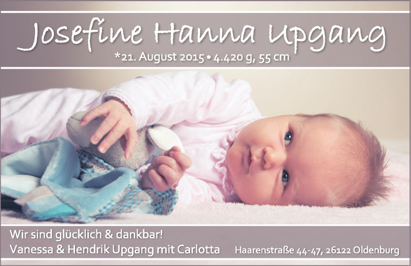 Anzeige für Josefine Hanna Upgang vom 12.09.2015 aus Nordwest Zeitung
