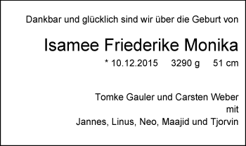 Babyanzeige von Isamee Friederike Monika  von Nordwest Zeitung