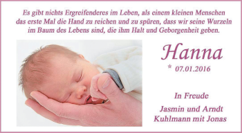Babyanzeige von Hanna Kuhlmann von Nordwest-Zeitung