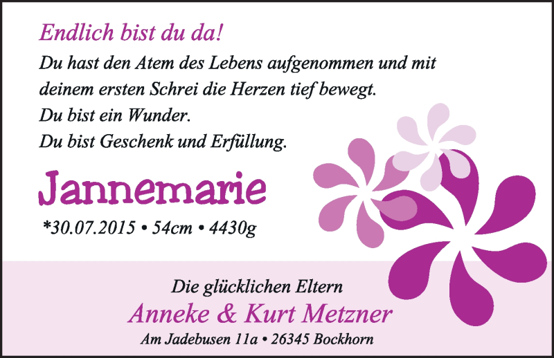 Anzeige für Jannemarie  vom 15.08.2015 aus Nordwest-Zeitung
