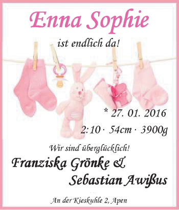 Babyanzeige von Enna Sophie  von Nordwest-Zeitung